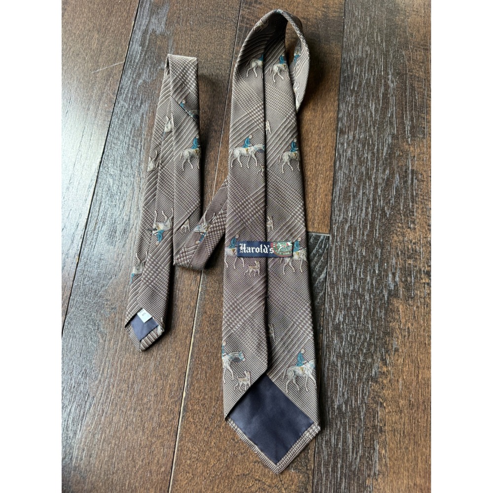 Vintage Harold's Silk Tie OS Brown Equestrian Horse Hound Glen Plaid Vintage